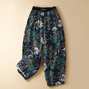 Foviel Pure Cotton Botanical Flower Leaf Pattern Frog Button Women's Elastic Waist Harem Pants With Pockets