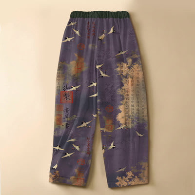 Buddha Stones Pure Cotton Vintage Crane Calligraphy Pattern Frog Button Women's Elastic Waist Harem Pants With Pockets - image 8