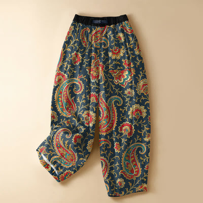 Buddha Stones Pure Cotton Retro Floral Scroll Pattern Frog Button Women's Elastic Waist Harem Pants With Pockets - Navy - US16，UK/AU20，EU48 (3XL) - image 7