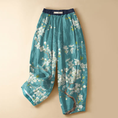 Buddha Stones Pure Cotton Vintage Floral Branch Pattern Frog Button Women's Elastic Waist Harem Pants With Pockets - MediumTurquoise - US16，UK/AU20，EU48 (3XL) - image 0