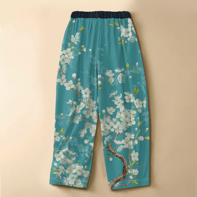 Buddha Stones Pure Cotton Vintage Floral Branch Pattern Frog Button Women's Elastic Waist Harem Pants With Pockets - image 1