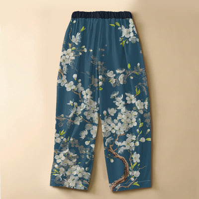 Buddha Stones Pure Cotton Vintage Floral Branch Pattern Frog Button Women's Elastic Waist Harem Pants With Pockets - image 6