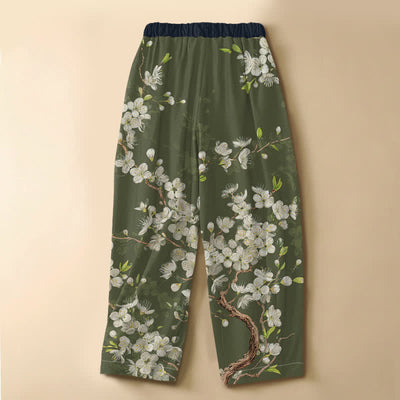 Buddha Stones Pure Cotton Vintage Floral Branch Pattern Frog Button Women's Elastic Waist Harem Pants With Pockets - image 8