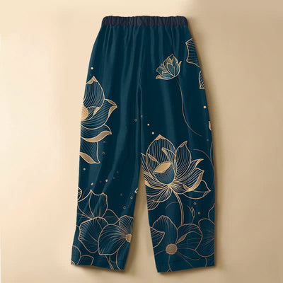 Buddha Stones Pure Cotton Lotus Bloom Pattern Frog Button Women's Elastic Waist Harem Pants With Pockets - image 1