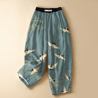 Buddha Stones Pure Cotton Elegant Crane Cloud Pattern Frog Button Women's Elastic Waist Harem Pants With Pockets - CadetBlue - US16，UK/AU20，EU48 (3XL) - image 0