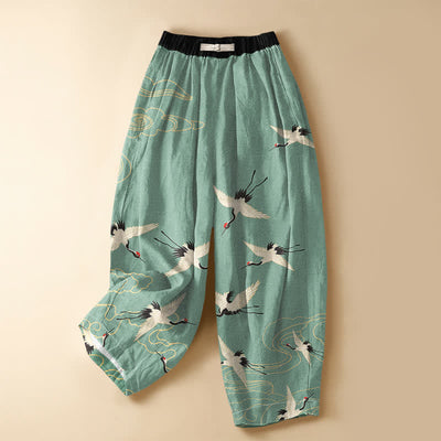Buddha Stones Pure Cotton Elegant Crane Cloud Pattern Frog Button Women's Elastic Waist Harem Pants With Pockets - Aquamarine - US16，UK/AU20，EU48 (3XL) - image 7