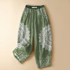 Buddha Stones Pure Cotton Bohemian White Mandala Pattern Frog Button Women's Elastic Waist Harem Pants With Pockets - OliveDrab - US16，UK/AU20，EU48 (3XL) - image 0