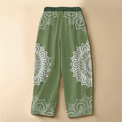 Buddha Stones Pure Cotton Bohemian White Mandala Pattern Frog Button Women's Elastic Waist Harem Pants With Pockets - image 1