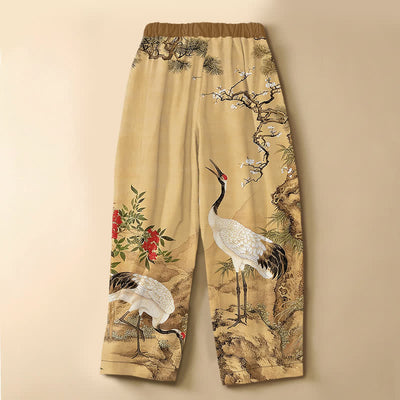 Buddha Stones Pure Cotton Oriental Crane Blossom Pattern Frog Button Women's Elastic Waist Harem Pants With Pockets - image 1