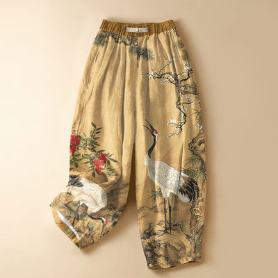 Buddha Stones Pure Cotton Oriental Crane Blossom Pattern Frog Button Women's Elastic Waist Harem Pants With Pockets - Tan - US16，UK/AU20，EU48 (3XL) - image 0