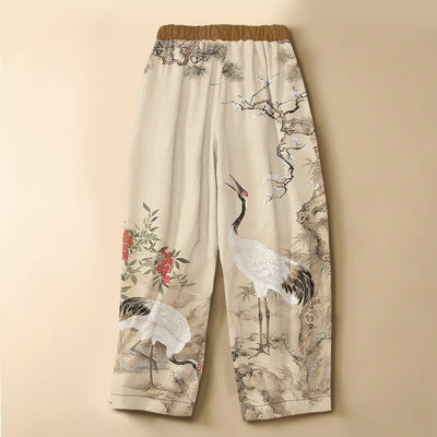 Buddha Stones Pure Cotton Oriental Crane Blossom Pattern Frog Button Women's Elastic Waist Harem Pants With Pockets - image 6