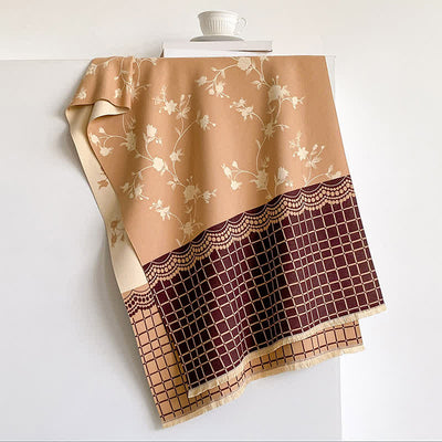 Buddha Stones Spring Fall Vintage Floral Vine Checked Pattern Shawl - Tan - 180*65cm - image 4