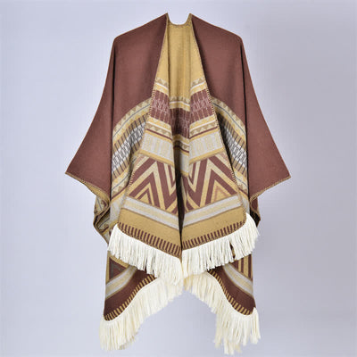 Buddha Stones Fall Winter Boho Geometric Floral Pattern Tassel Shawl - Geometric Coffee - 155*136cm - image 9