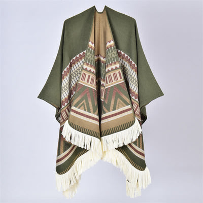 Buddha Stones Fall Winter Boho Geometric Floral Pattern Tassel Shawl - Geometric Green - 155*136cm - image 18