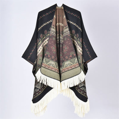 Buddha Stones Fall Winter Boho Geometric Floral Pattern Tassel Shawl - Flower Black Green - 155*136cm - image 23