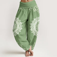 Buddha Stones Pure Cotton White Mandala Floral Pattern Women's Elastic Waist Harem Pants - LightGreen - US16，UK/AU20，EU48 (3XL) - image 0
