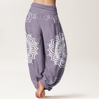 Buddha Stones Pure Cotton White Mandala Floral Pattern Women's Elastic Waist Harem Pants - image 6