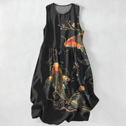 Foviel Sommer Casual Koi Fisch Floral Wellenmuster Damen Sommer Ärmellos Midi-Kleid mit Taschen