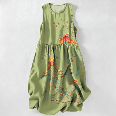 Buddha Stones Summer Casual Koi Fish Floral Wave Pattern Women's Summer Sleeveless Midi Dress With Pockets - OliveDrab - US16，UK/AU20，EU48 (3XL) - image 5