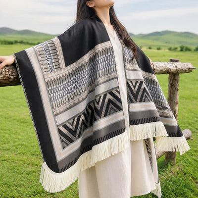 Buddha Stones Fall Winter Boho Geometric Floral Pattern Tassel Shawl - image 4