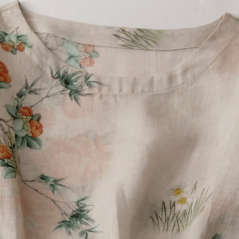 Buddha Stones Summer Vintage Drawstring Beige Floral Crew Neck Women's Short Sleeve Dress With Pocket - image 3