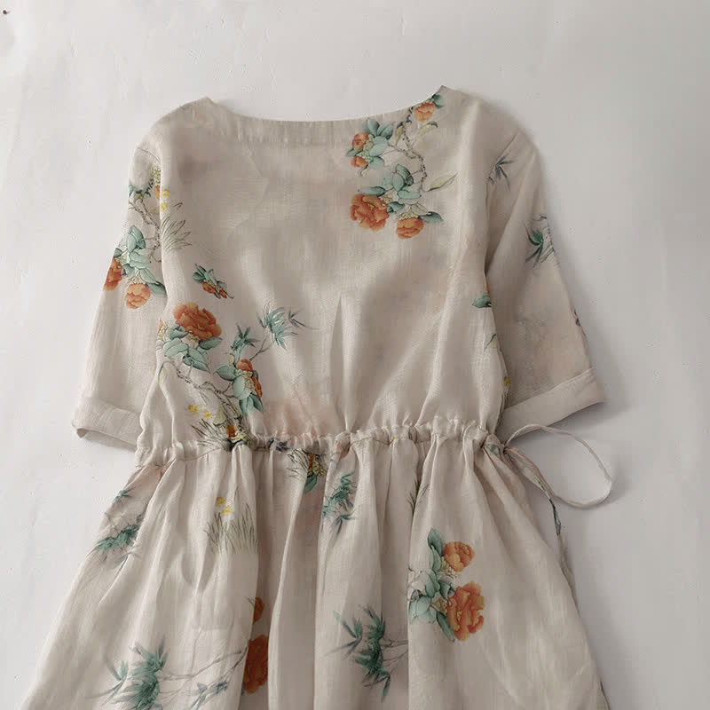 Buddha Stones Summer Vintage Drawstring Beige Floral Crew Neck Women's Short Sleeve Dress With Pocket - image 2