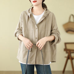 Buddha Stones Fall Casual Minimalist Drawstring Solid Women's Jacket With Pocket - Tan - US12, UK/AU16, EU44 (XL) - image 0