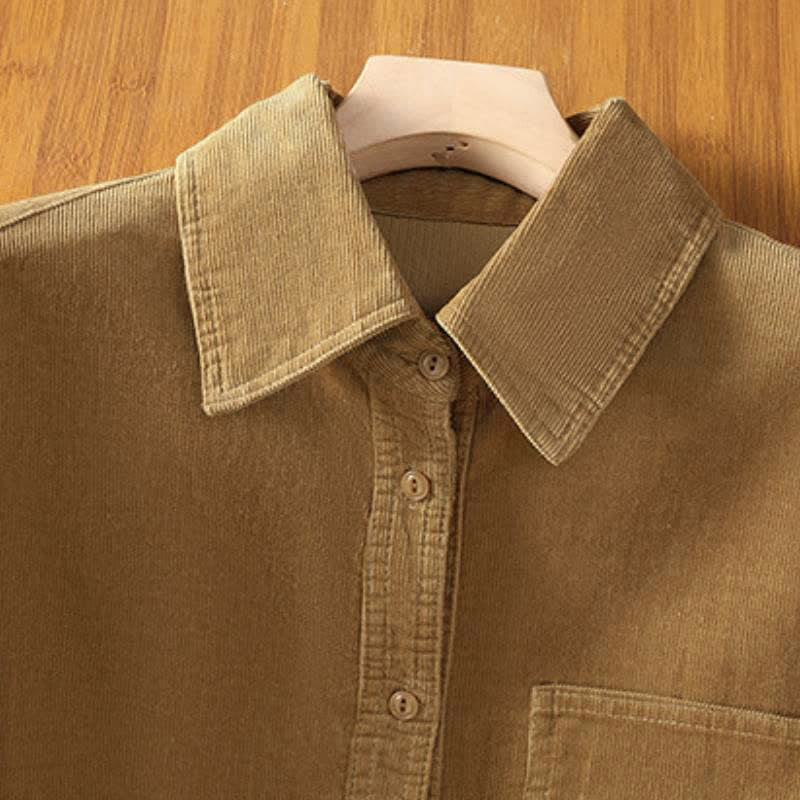 Buddha Stones Fall Winter Vintage Button-Up Solid Corduroy Women's Long Sleeve Shirts With Pocket - image 2