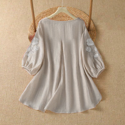 Buddha Stones Summer Casual Elegant Embroidery White Floral Crew Neck Women's Long Sleeve T-Shirt - image 1