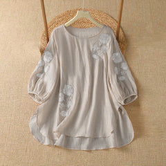 Buddha Stones Summer Casual Elegant Embroidery White Floral Crew Neck Women's Long Sleeve T-Shirt - MistyRose - US14, UK/AU18, EU46 (2XL) - image 0