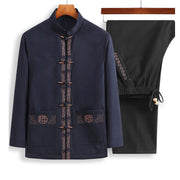 Foviel Fu Character Embroidery Tang Suit Frog-Button Men's Long Sleeve Jacket Shirt Pants