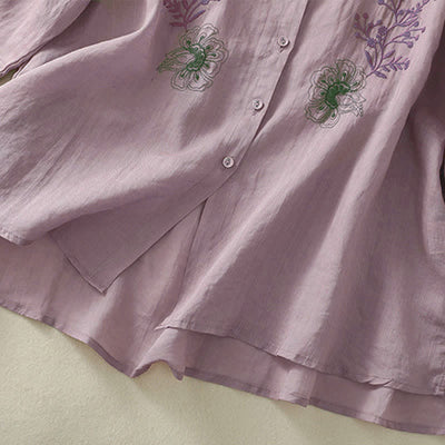 Buddha Stones Embroidery Pleated Design Stand Collar Three Quarter Sleeve Side Slit Hem Women's Shirt - image 13