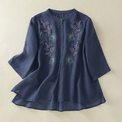 Buddha Stones Embroidery Pleated Design Stand Collar Three Quarter Sleeve Side Slit Hem Women's Shirt - MidnightBlue - US8-10，UK/AU12-14，EU40-42 (2XL) - image 0