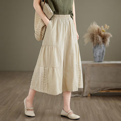 Buddha Stones Casual Plain Lace Splicing Cotton Women's Cropped Wide Leg Pants With Pockets - Beige - US8-10，UK/AU12-14，EU40-42 (2XL) - image 0