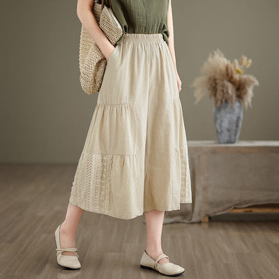 Buddha Stones Casual Plain Lace Splicing Cotton Women's Cropped Wide Leg Pants With Pockets - Beige - US8-10，UK/AU12-14，EU40-42 (2XL) - image 0