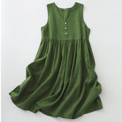 Buddha Stones Daily Casual Pure Color V-Neck Simple Buttons Design Sleeveless Midi Dress - DarkGreen - US12，UK/AU16，EU44 (2XL) - image 10