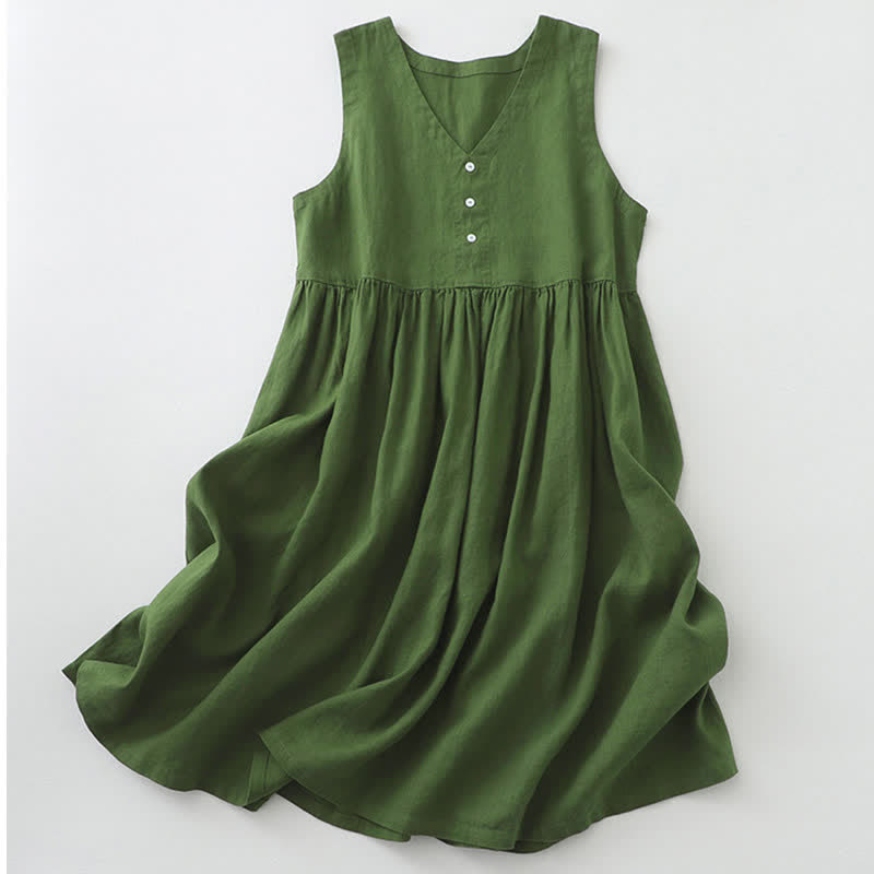 Buddha Stones Daily Casual Pure Color V-Neck Simple Buttons Design Sleeveless Midi Dress - DarkGreen - US12，UK/AU16，EU44 (2XL) - image 10
