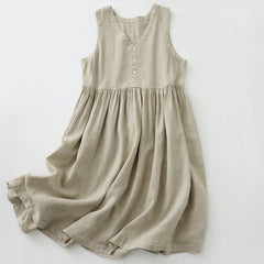 Buddha Stones Daily Casual Pure Color V-Neck Simple Buttons Design Sleeveless Midi Dress - Linen - US12，UK/AU16，EU44 (2XL) - image 0