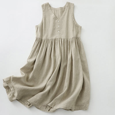 Buddha Stones Daily Casual Pure Color V-Neck Simple Buttons Design Sleeveless Midi Dress - Linen - US12，UK/AU16，EU44 (2XL) - image 0