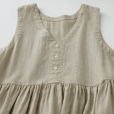 Buddha Stones Daily Casual Pure Color V-Neck Simple Buttons Design Sleeveless Midi Dress - image 2