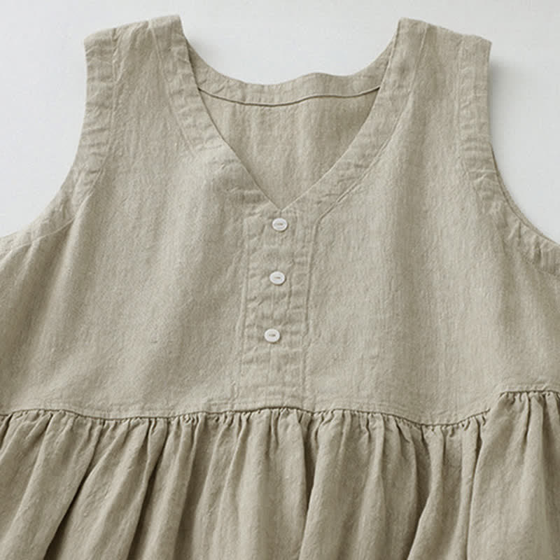 Buddha Stones Daily Casual Pure Color V-Neck Simple Buttons Design Sleeveless Midi Dress - image 2