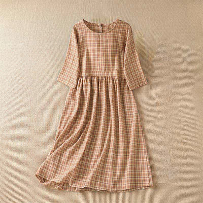 Buddha Stones Summer Casual Vintage Plaid Women's Three-Quarter Sleeve Dress With Pocket - image 2