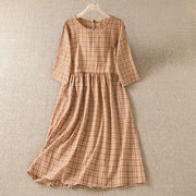 Foviel Sommer Casual Vintage Plaid Damen Drei-Quartier Ärmel Kleid mit Tasche