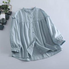 Buddha Stones Spring Casual Vintage Button-Up Solid Pleated Women's Long Sleeve Shirts - LightBlue - US8-10, UK/AU12-14, EU40-42 (2XL) - image 0