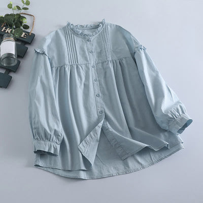 Buddha Stones Spring Casual Vintage Button-Up Solid Pleated Women's Long Sleeve Shirts - LightBlue - US8-10, UK/AU12-14, EU40-42 (2XL) - image 0