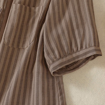 Buddha Stones Summer Casual Button-Up Striped Women's Short Sleeve Shirts With Patch Pocket - image 21