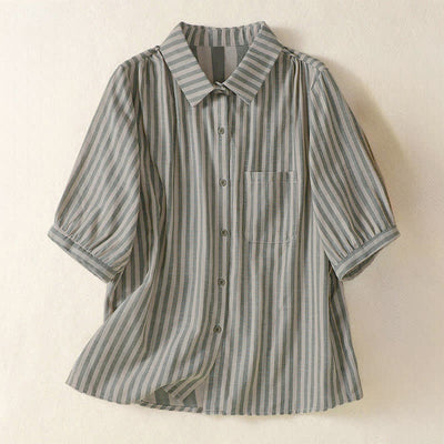 Buddha Stones Summer Casual Button-Up Striped Women's Short Sleeve Shirts With Patch Pocket - OliveDrab - US12, UK/AU16, EU44 (3XL) - image 0