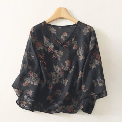 Buddha Stones Summer Tang Style Vintage Frog Button V-Neck Floral Women's Elbow-Length Sleeve Shirts - Black - US12, UK/AU16, EU44 (3XL) - image 0