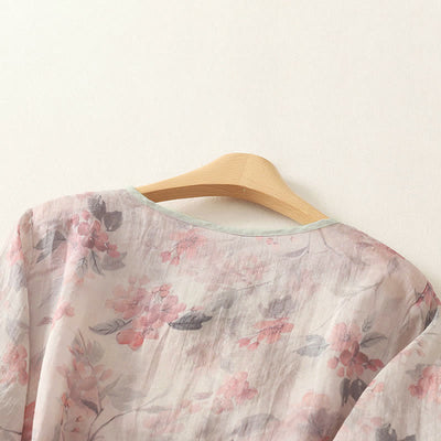 Buddha Stones Summer Tang Style Vintage Frog Button V-Neck Floral Women's Elbow-Length Sleeve Shirts - image 8