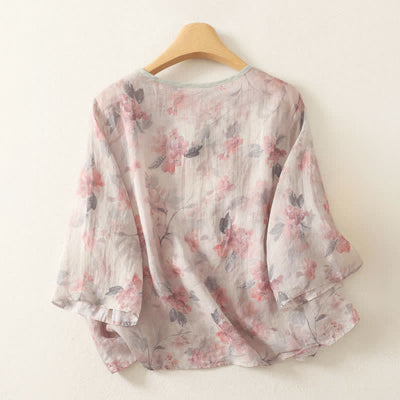 Buddha Stones Summer Tang Style Vintage Frog Button V-Neck Floral Women's Elbow-Length Sleeve Shirts - image 6